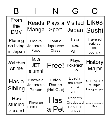 Japanese Culture Club Icebreaker Bingo Card