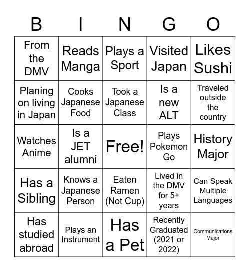Japanese Culture Club Icebreaker Bingo Card