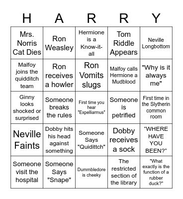 Harry Potter & The Chamber of Secrets Bingo Card