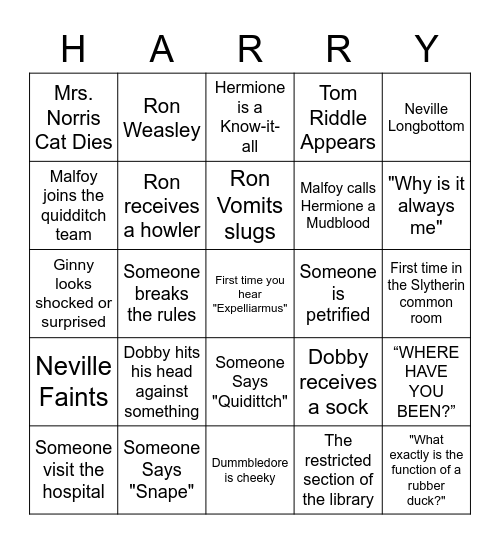 Harry Potter & The Chamber of Secrets Bingo Card