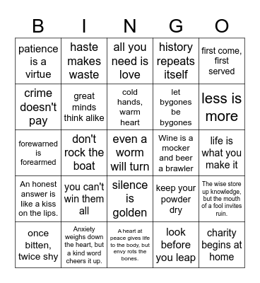 Proverbial Bingo Card