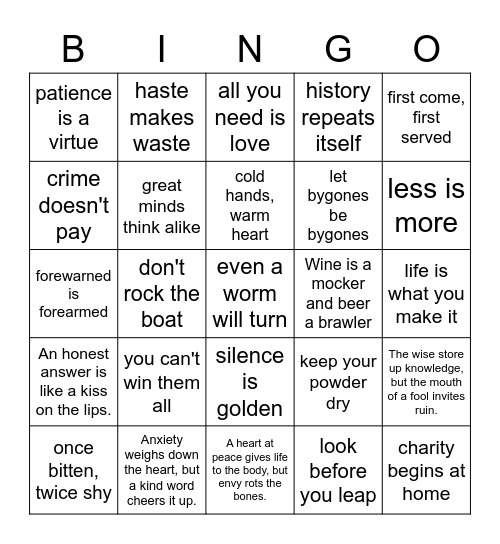 Proverbial Bingo Card