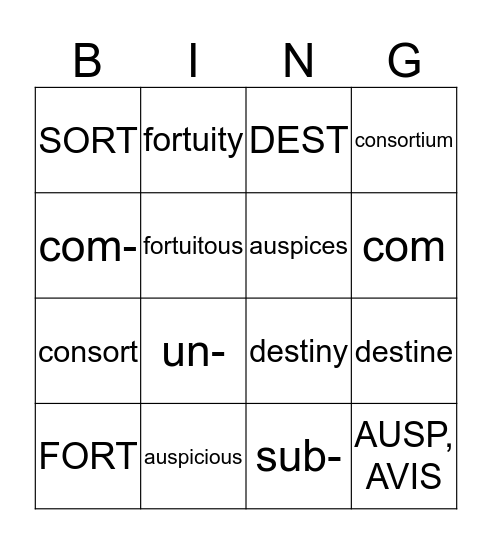 Unit 7 Vocabulary Review Bingo Card