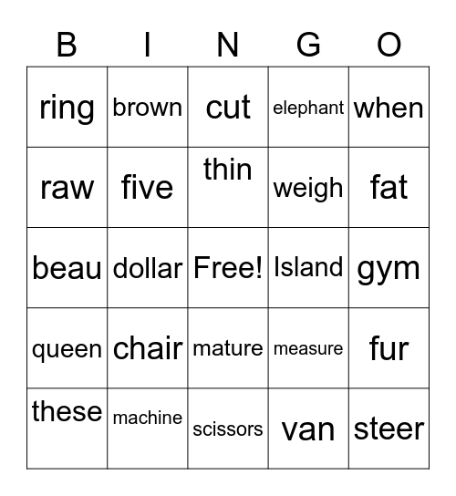 words for sounds Bingo Card