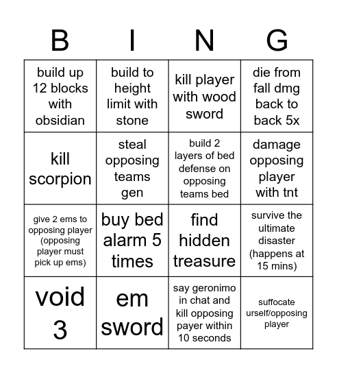 bedwars Bingo Card