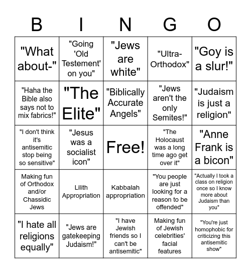 Tumblr Antisemitism Bingo Card