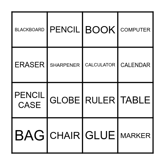 THINGS IN THE CLASSROOM 1 Bingo Card