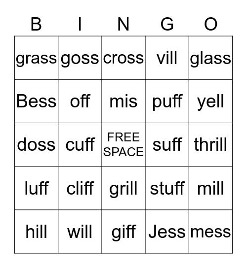 ff, ll, ss words! Bingo Card