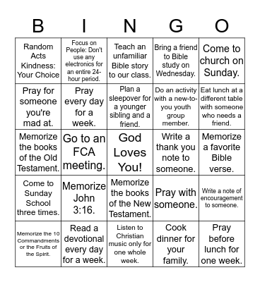 High School Bible Study Class Bingo Card