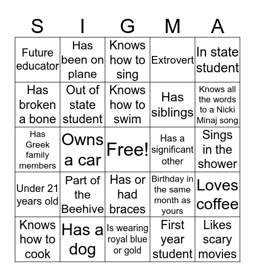 Sigma Bingo Card