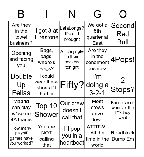 Crew Phrases Bing Bingo Card