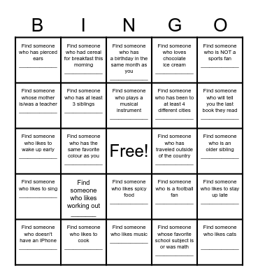 Find a Friend Bingo Card