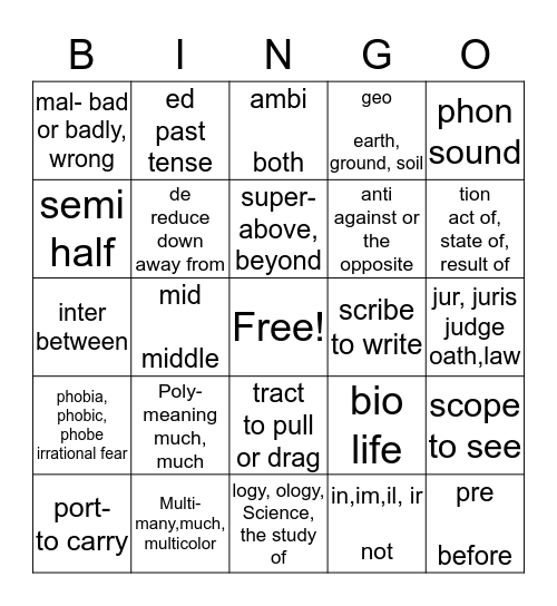 Vocabulary Bingo Card