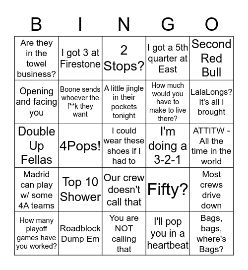 Crew Phrases Bingo Card