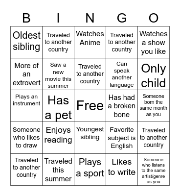 9th Grade Bingo Card