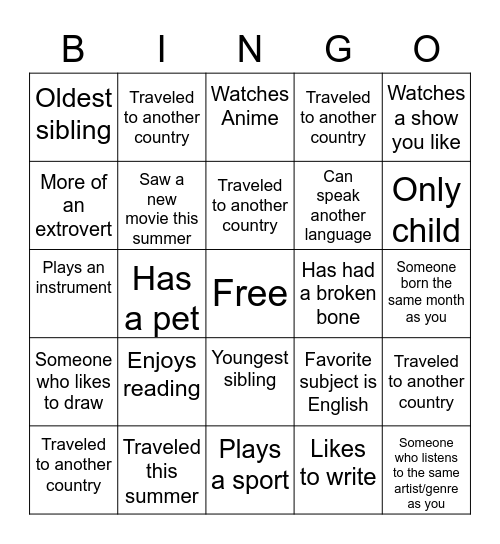 9th Grade Bingo Card