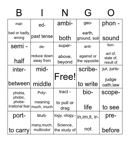 Vocabulary Bingo Card