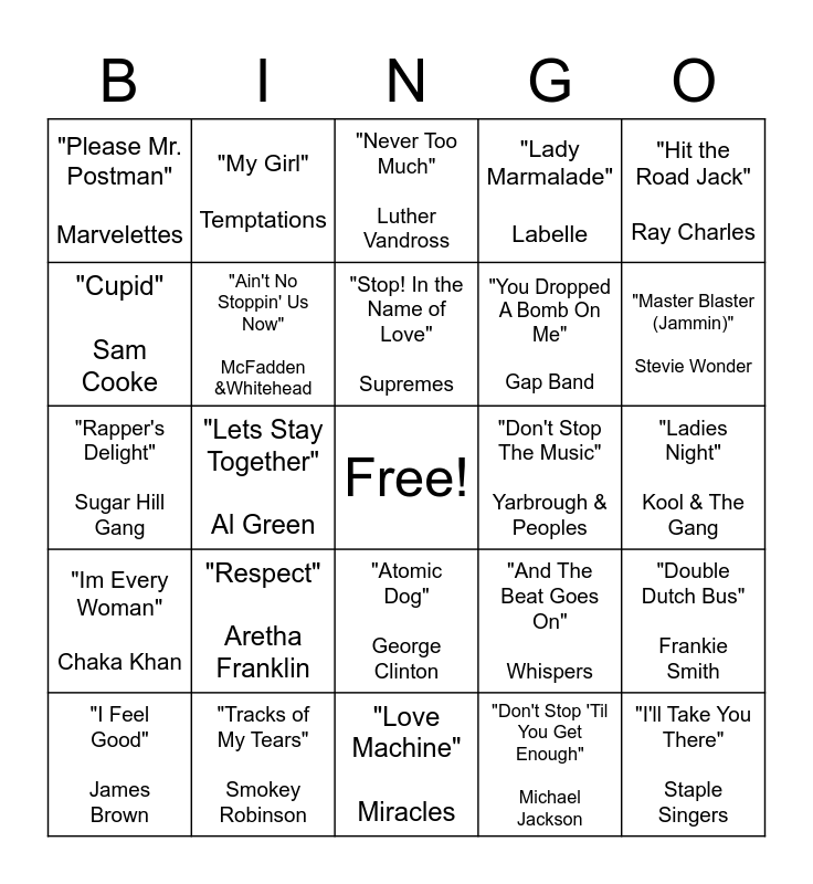 Great Oaks Music Bingo Card