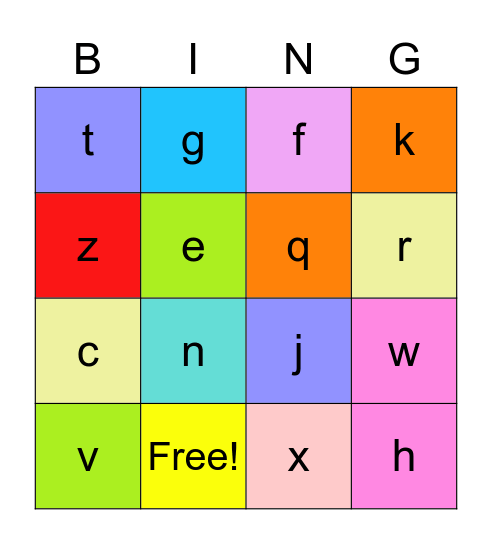 Lowercase Letters a-z Bingo Card