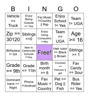 Boolean Bingo Card