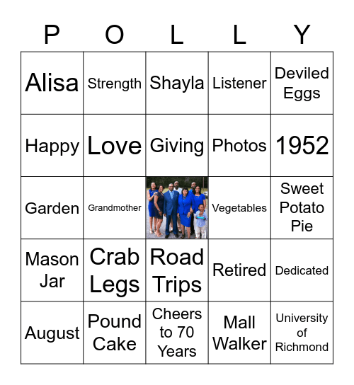 Polly's 70th Birthday Party Bingo Card Bingo Card