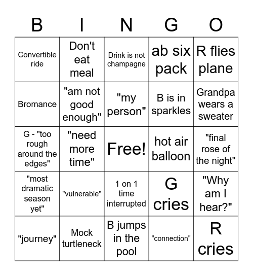 Bachelorette Bingo Card