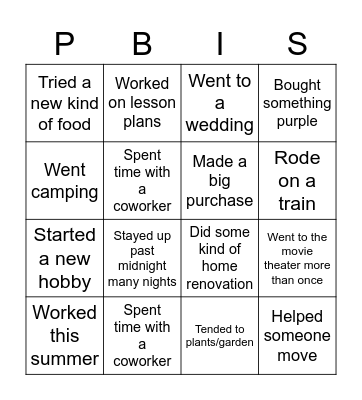 Teacher Summer BINGO Card