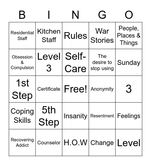 Recovery BINGO Card