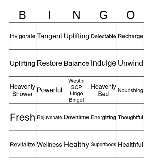 Westin Lingo Bingo! Bingo Card