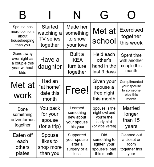 Anniversary bingo Card