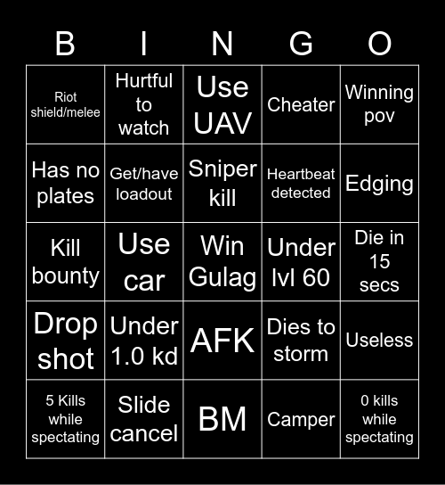 Warzone Bingo Card