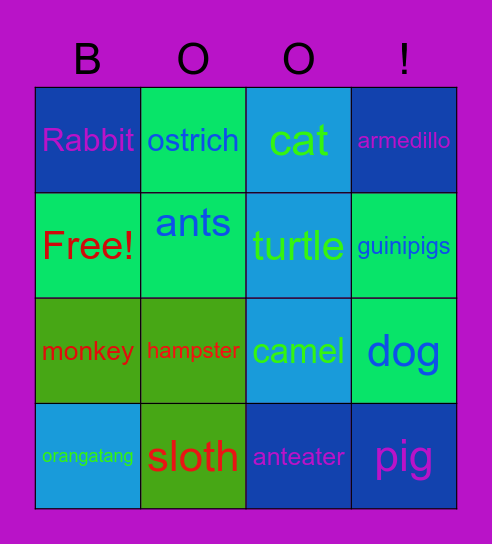 Boos animal Bingo Card