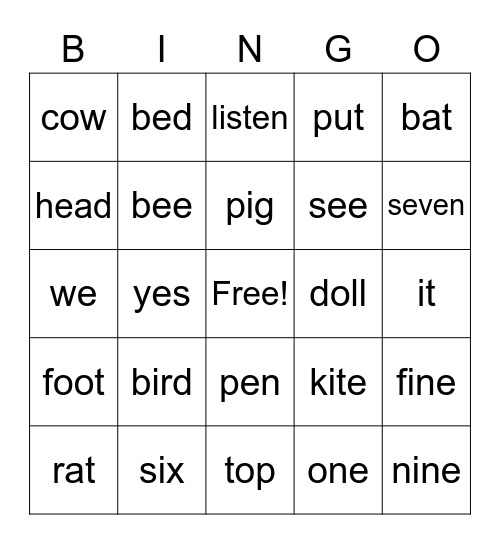 vocabulary 2 Bingo Card