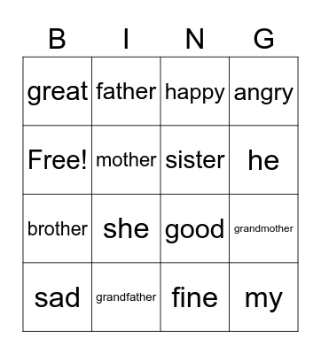 My Family Bingo Card