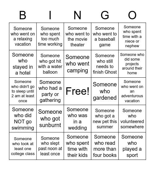 Summer Break Bingo Card