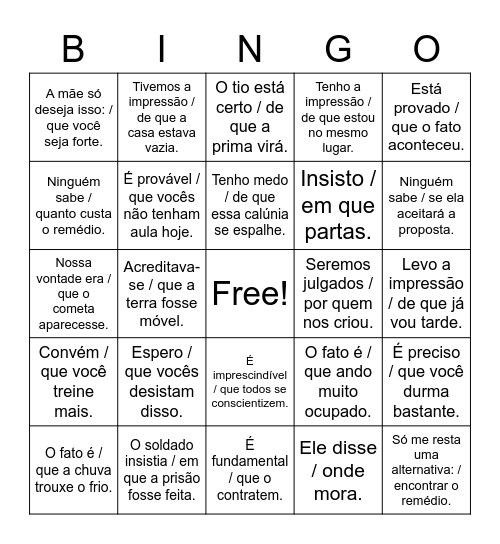 PORTUGUÊS Bingo Card
