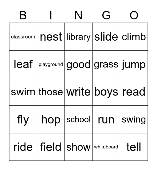 English Words Bingo Card