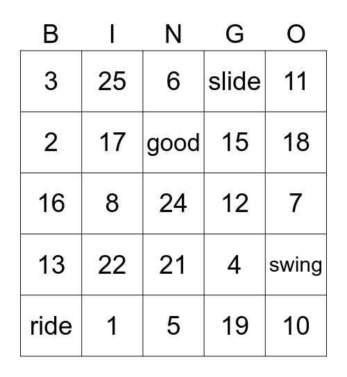 English Words Bingo Card