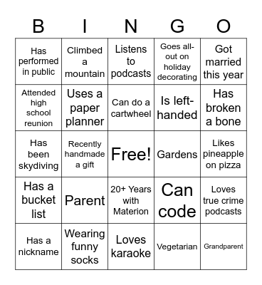 Materion BINGO Card