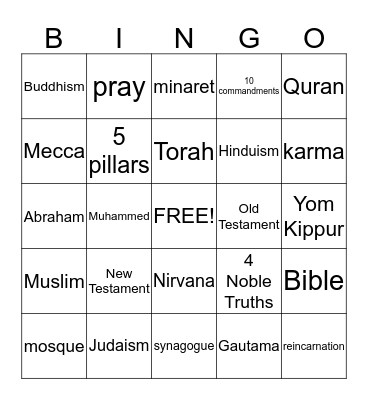 Religion Bingo Card
