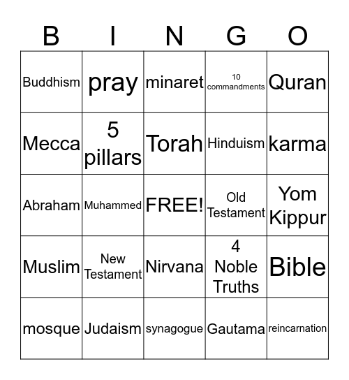 Religion Bingo Card
