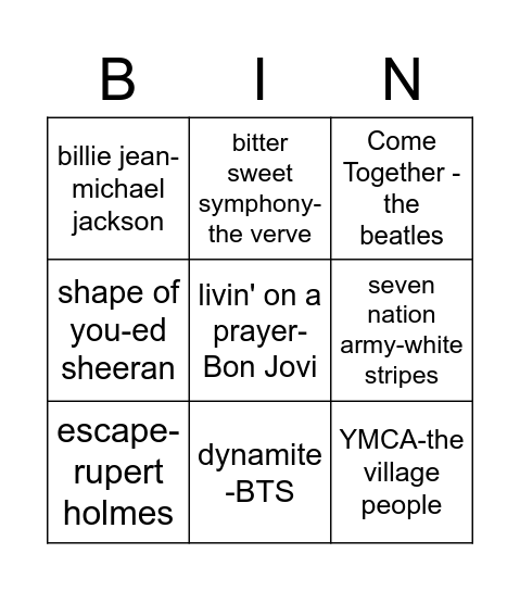 music bingo Card