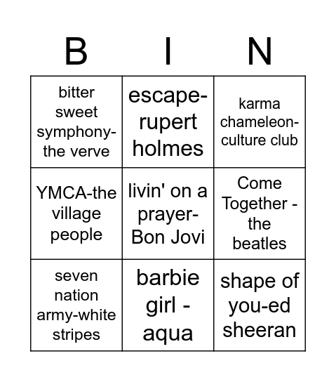 music bingo Card