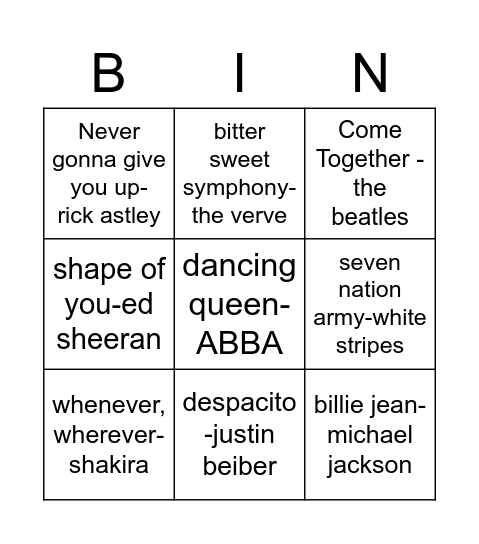 music bingo Card