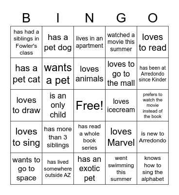 Let's Get to Know Our Class Bingo Card