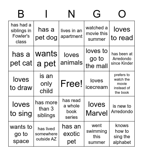 Let's Get to Know Our Class Bingo Card