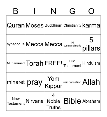 Religion Bingo Card