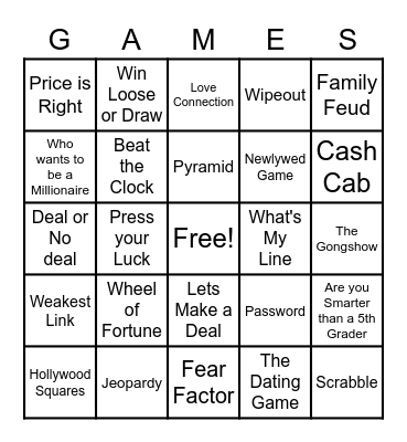 TV Game Show Bingo Card