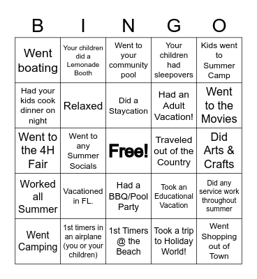 Summer Fun Bingo Card