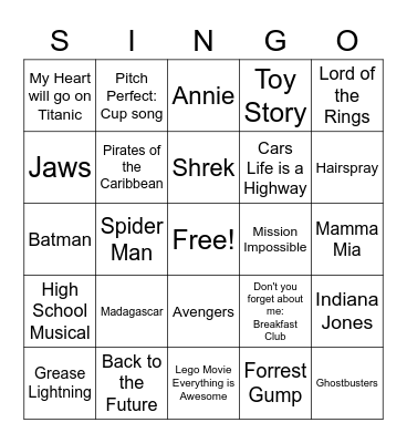 Movie Singo Bingo Card